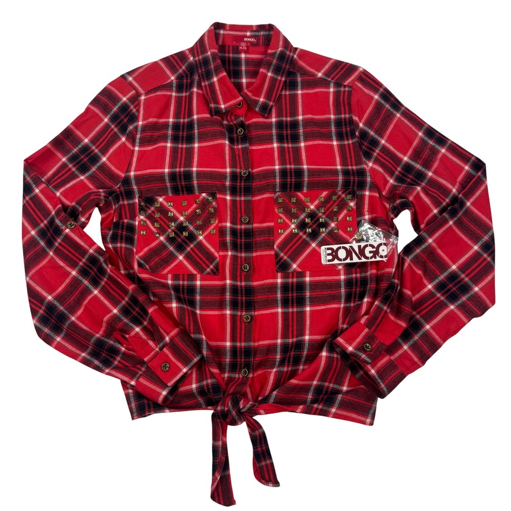 Bongo Red Plaid Studded Pocket Tie Front Button Down Shirt XL